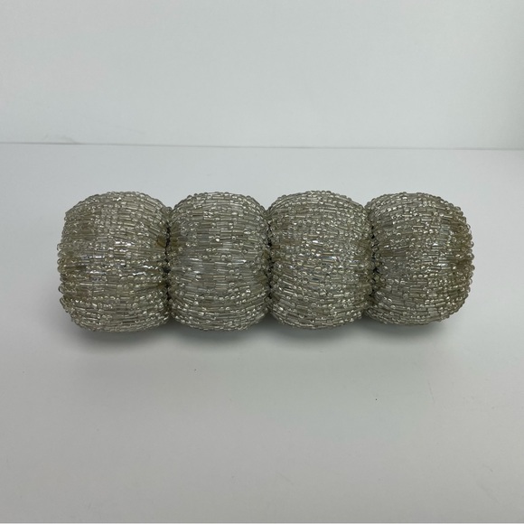 Silver Tone Beaded Napkin Rings Set 4 Holders Dinner Party Tableware Vintage - Picture 2 of 5